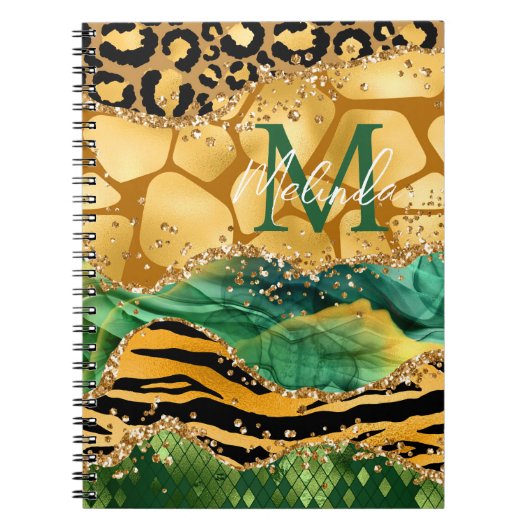 Gold en Green Safari Animal Print Agate Notitieboek (Voorkant)