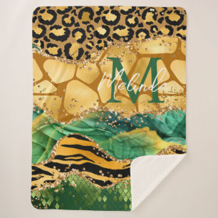 Gold en Green Safari Animal Print Agate Sherpa Deken