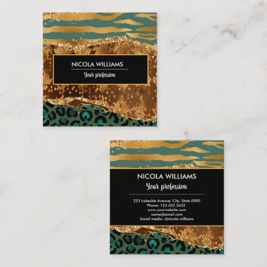 Gold en Green Safari Oerwoud Animal Print Agate Vierkante Visitekaartje (Voorkant / Achterkant)