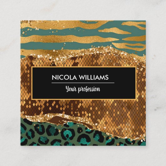 Gold en Green Safari Oerwoud Animal Print Agate Vierkante Visitekaartje (Voorkant)
