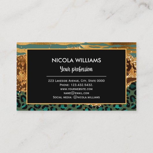 Gold en Green Safari Oerwoud Animal Print Agate Visitekaartje (Achterkant)
