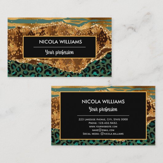 Gold en Green Safari Oerwoud Animal Print Agate Visitekaartje (Voorkant / Achterkant)