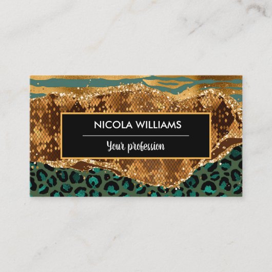 Gold en Green Safari Oerwoud Animal Print Agate Visitekaartje (Voorkant)