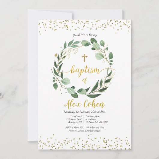 Gold en Greenery Baptism Invitation Kaart (Voorkant)