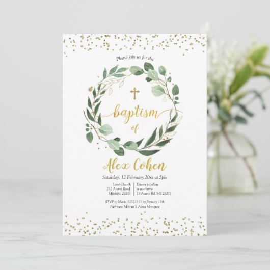 Gold en Greenery Baptism Invitation Kaart (Staand voorkant)