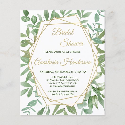 Gold en Greenery/BUDGET-Bridal Shower Invitation. Flyer (Voorkant)