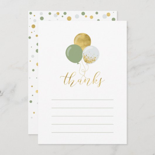 Gold- en groene ballonnen | Partij Dank u Nota Kaa Bedankkaart (Voorkant / Achterkant)