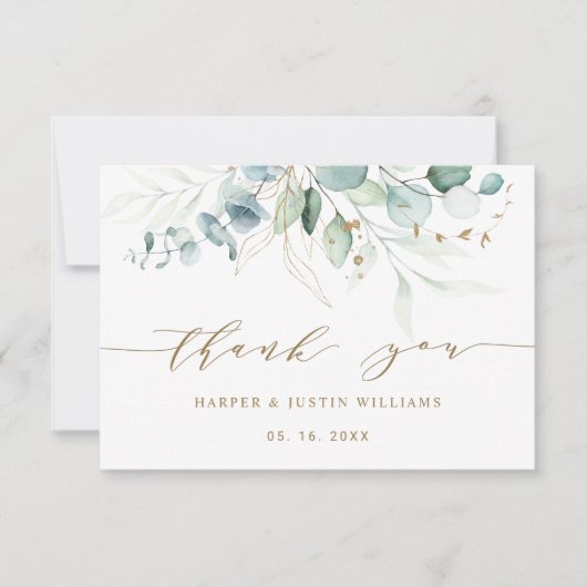 Gold en groene elegante botanische bruiloft Hartel Bedankkaart (Voorkant)