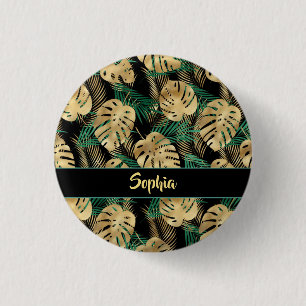 Gold en groene Tropische bladeren, DIY Gold Name, Ronde Button 3,2 Cm