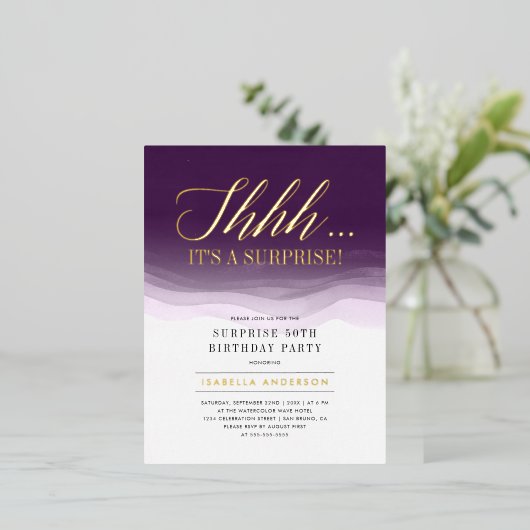 Gold- en koninklijke Paarse Waterverf Vertrouwelij Folie Uitnodiging Briefkaart (Staand Voorkant)