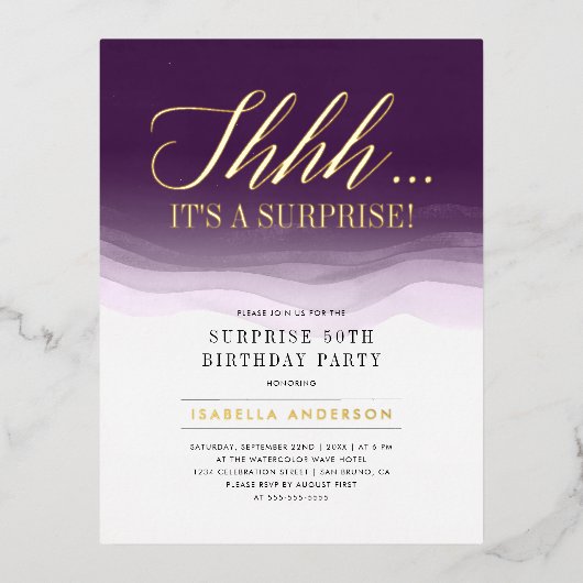 Gold- en koninklijke Paarse Waterverf Vertrouwelij Folie Uitnodiging Briefkaart (Voorkant)