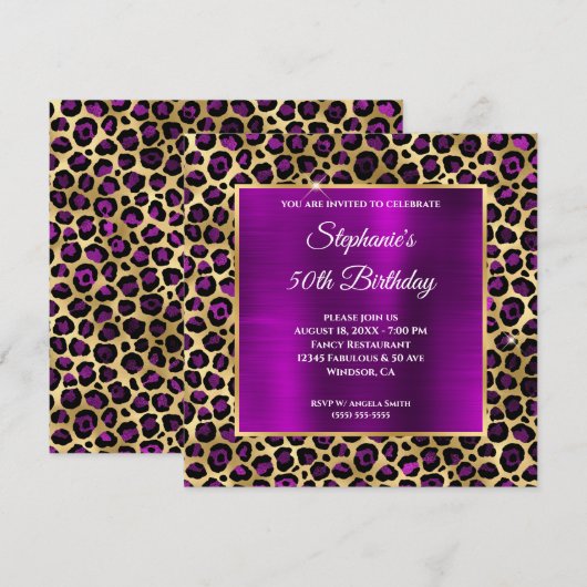 Gold en Magenta Paarse leopard Glam 50th Birthday Kaart (Voorkant / Achterkant)