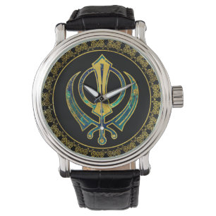 Gold- en Marble Khanda-symbool Horloge