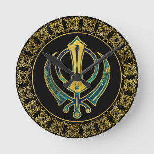 Gold- en Marble Khanda-symbool Ronde Klok