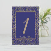 Gold- en marineslag blauw Filigree Wedding Table N Kaart (Staand voorkant)