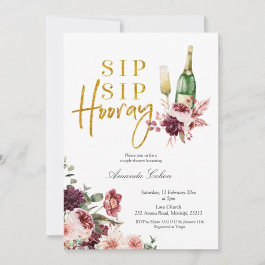 Gold en Marsala Sip Sip Hooray Invitation Kaart (Voorkant)
