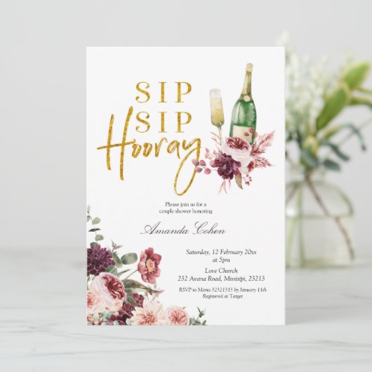 Gold en Marsala Sip Sip Hooray Invitation Kaart (Staand voorkant)