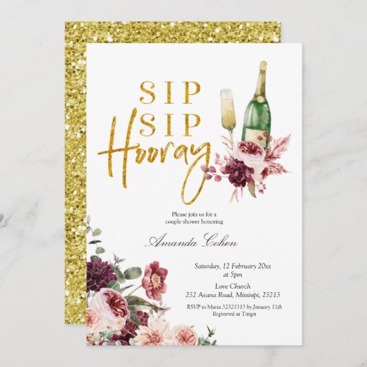 Gold en Marsala Sip Sip Hooray Invitation Kaart (Voorkant / Achterkant)
