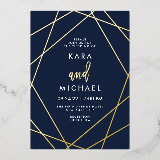 Gold en Midnight Blue Elegant Geometric Wedding Folie Uitnodiging (Voorkant)