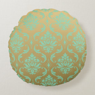 Gold en Mint Classic Damask Rond Kussen