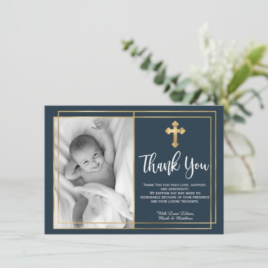 Gold en Navy Blue Baptism Foto bedankt kaarten (Staand voorkant)