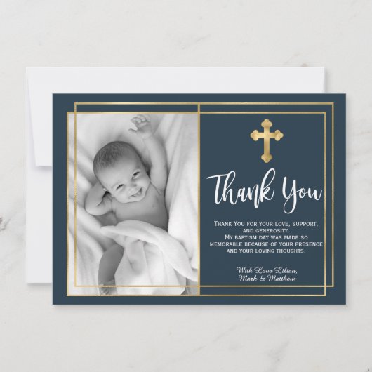 Gold en Navy Blue Baptism Foto bedankt kaarten (Voorkant)