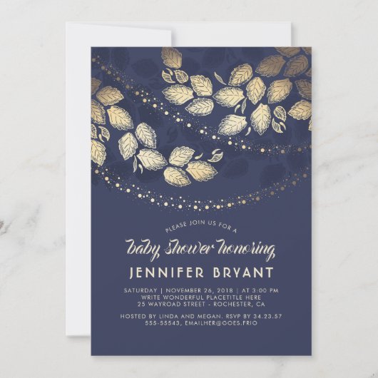 Gold en Navy Blue Elegant Tree Lights Baby shower Kaart (Voorkant)