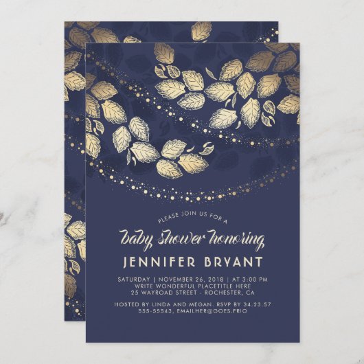 Gold en Navy Blue Elegant Tree Lights Baby shower Kaart (Voorkant / Achterkant)