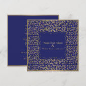 Gold en Navy Blue Filigree Wedding Invitation Kaart (Voorkant / Achterkant)
