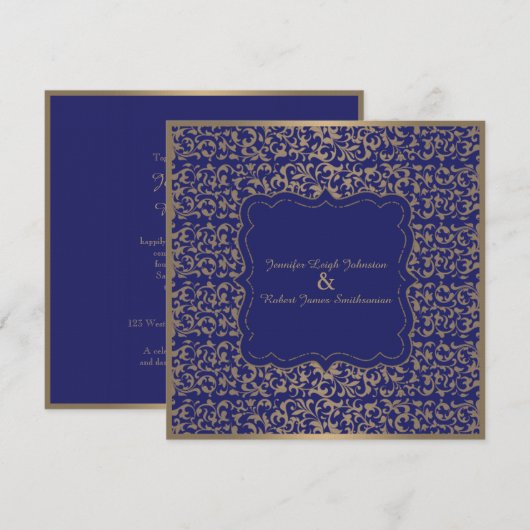 Gold en Navy Blue Filigree Wedding Invitation Kaart (Voorkant / Achterkant)