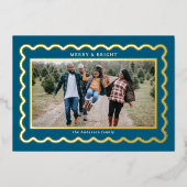 Gold en Navy Blue Preppy Scallop Foto Lijst Folie Feestdagenkaart (Voorkant)