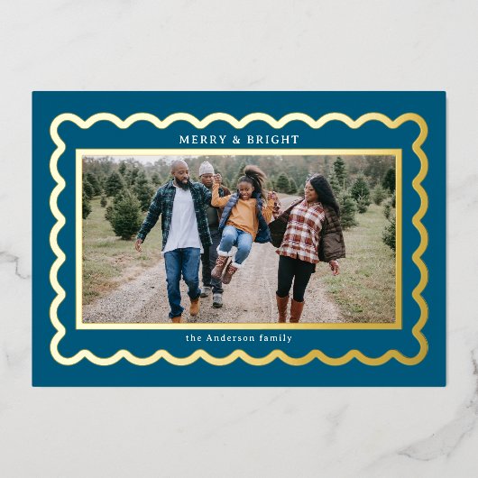 Gold en Navy Blue Preppy Scallop Foto Lijst Folie Feestdagenkaart (Voorkant)