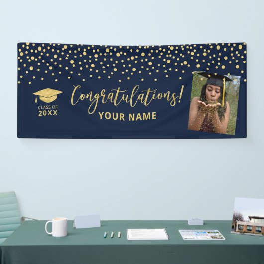 Gold- en Navy-Confetti - Afstuderen met felicitati Spandoek (Beurs)