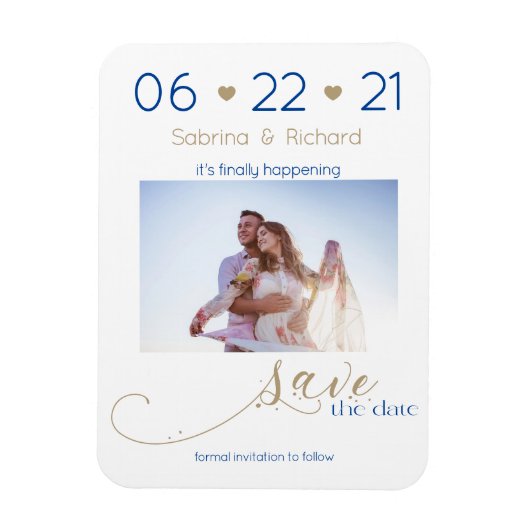 Gold en Navy One Photo Minimalist Save the Date Magneet (Verticaal)