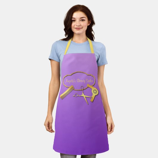 Gold en Paarse Beauty Salon Schort (Gedragen)