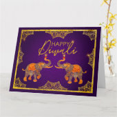 Gold en paarse Elephants Happy Diwali Kaart (Gele Bloem)
