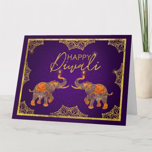 Gold en paarse Elephants Happy Diwali Kaart (Voorkant)
