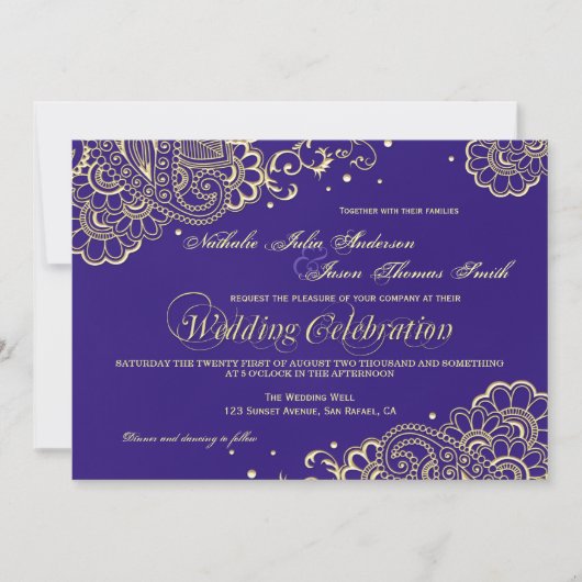 Gold en Paarse Henna Lace Wedding Invitation Kaart (Voorkant)