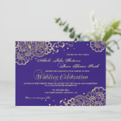 Gold en Paarse Henna Lace Wedding Invitation Kaart (Staand voorkant)