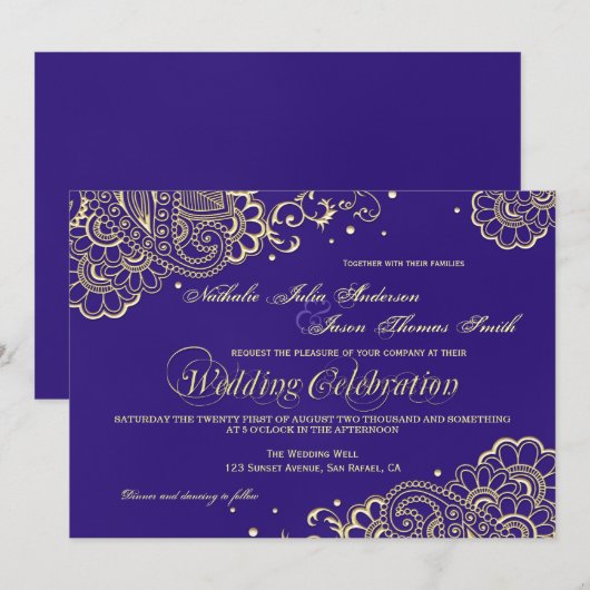 Gold en Paarse Henna Lace Wedding Invitation Kaart (Voorkant / Achterkant)