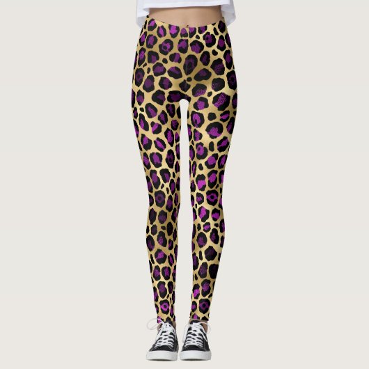 Gold- en Paarse leopard-vrouwen afdrukken Leggings (Voorkant)