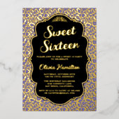 Gold en Paarse luipaard afdrukken Sweet 16 Folie Uitnodiging (Voorkant)