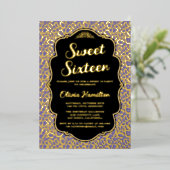 Gold en Paarse luipaard afdrukken Sweet 16 Folie Uitnodiging (Staand Voorkant)