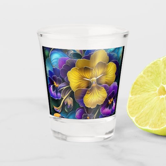 Gold en Paarse Pansy Patch Shot Glas (Voorkant)