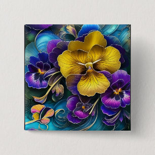 Gold en Paarse Pansy Patch Vierkante Button 5,1 Cm