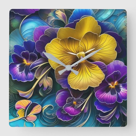 Gold en Paarse Pansy Patch Vierkante Klok (Voorkant)