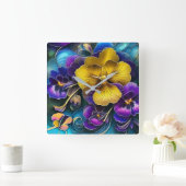 Gold en Paarse Pansy Patch Vierkante Klok (Huis)