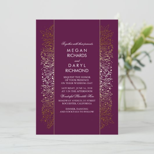 Gold en Plum  Baby's Breath Wedding Kaart (Staand voorkant)