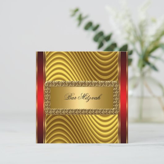 Gold en Red Art Deco Bar Mitzvah Uitnodiging (Staand voorkant)