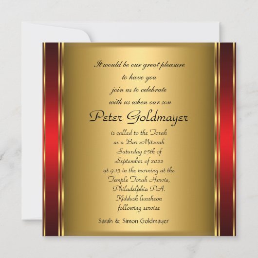 Gold en Red Art Deco Bar Mitzvah Uitnodiging (Achterkant)